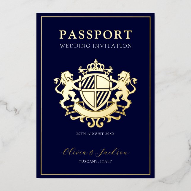 Trendy Modern Passport Wedding Invitation Foil Inv (Front)