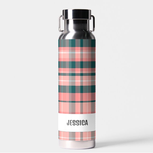 Trendy Modern Personalised Plaid Water Bottle (Front)