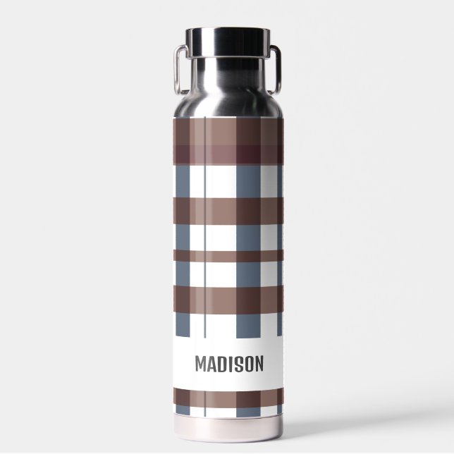 Trendy Modern Personalised Plaid Water Bottle (Front)