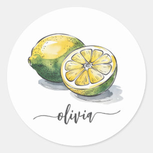 Trendy Modern Personalised Watercolor Yellow Lemon Classic Round Sticker