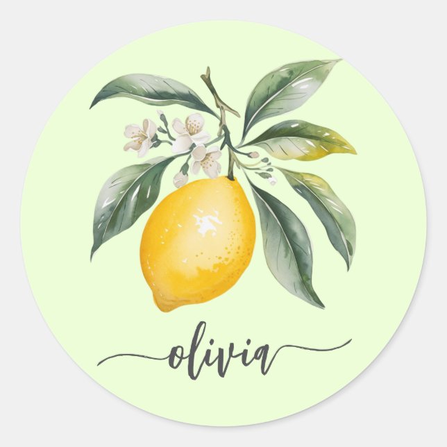 Trendy Modern Personalised Watercolor Yellow Lemon Classic Round Sticker (Front)