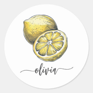 Trendy Modern Personalised Watercolor Yellow Lemon Classic Round Sticker