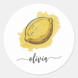 Trendy Modern Personalised Watercolor Yellow Lemon Classic Round Sticker