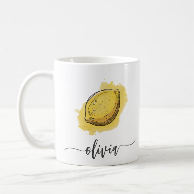 Trendy Modern Personalised Watercolor Yellow Lemon Coffee Mug (Left)