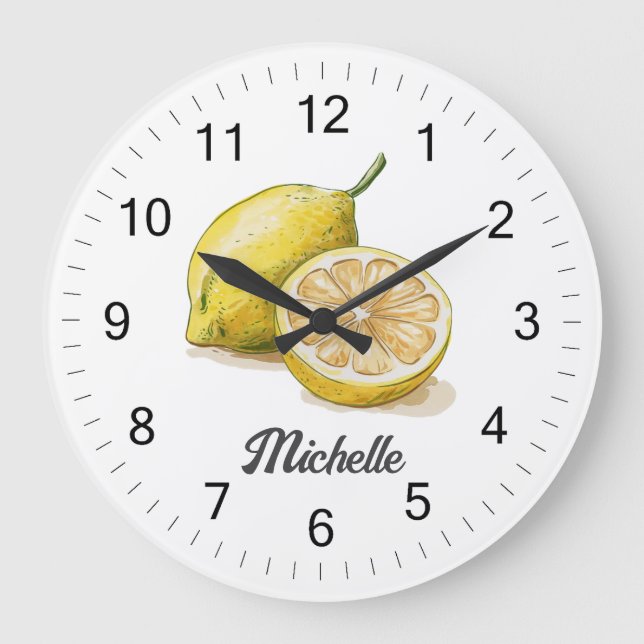 Trendy Modern Personalised Watercolor Yellow Lemon Large Clock (Front)