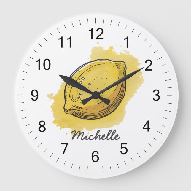 Trendy Modern Personalised Watercolor Yellow Lemon Large Clock (Front)