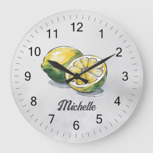 Trendy Modern Personalised Watercolor Yellow Lemon Large Clock