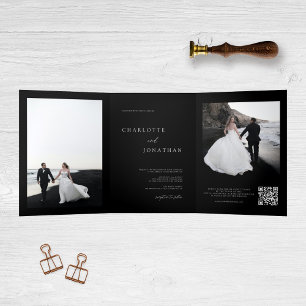 Trendy Modern Photo Black Wedding Tri-Fold Invitation