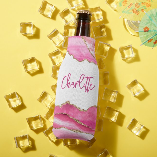 Trendy Modern Pink Agate Gold Glitter Personalised Bottle Cooler (In Situ Summer)