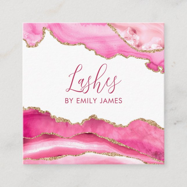 Trendy Modern Pink Agate Lash Extensions Beauty Square Business Card (Front)