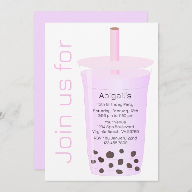 Trendy Modern Pink and Lavender Boba Tea Birthday Invitation (Front/Back)