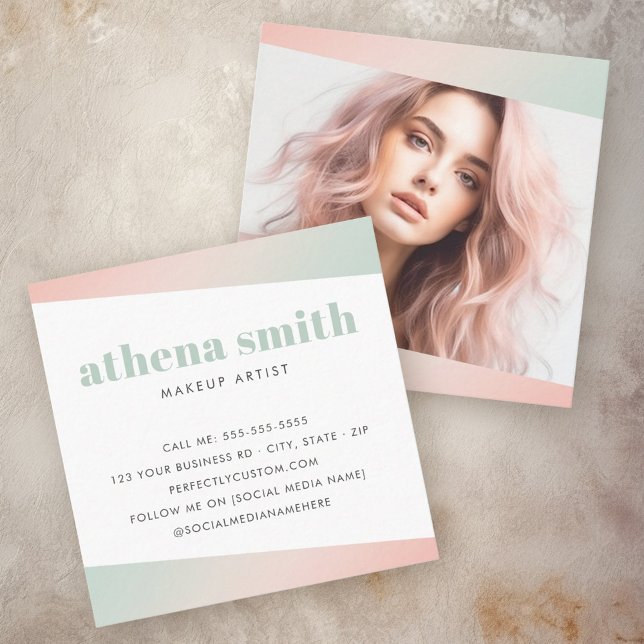 Trendy modern pink mint green gradient photo square business card (Creator Uploaded)