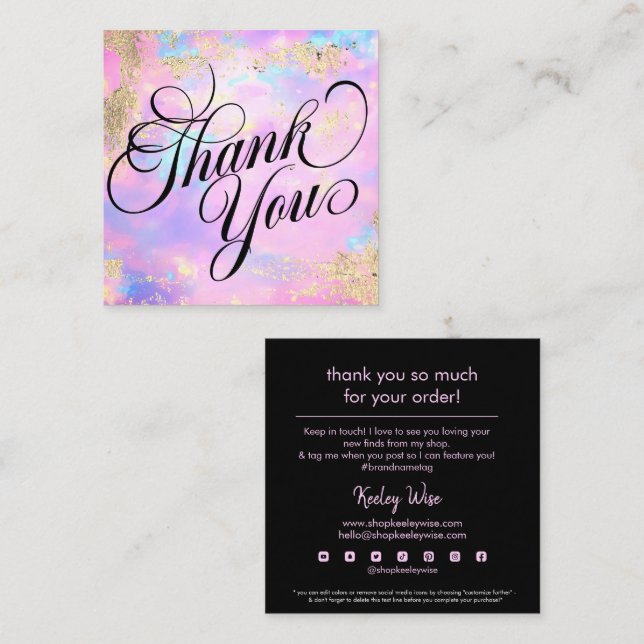 Trendy Modern Pink Opal & Gold Thank You Square Business Card (Front/Back)