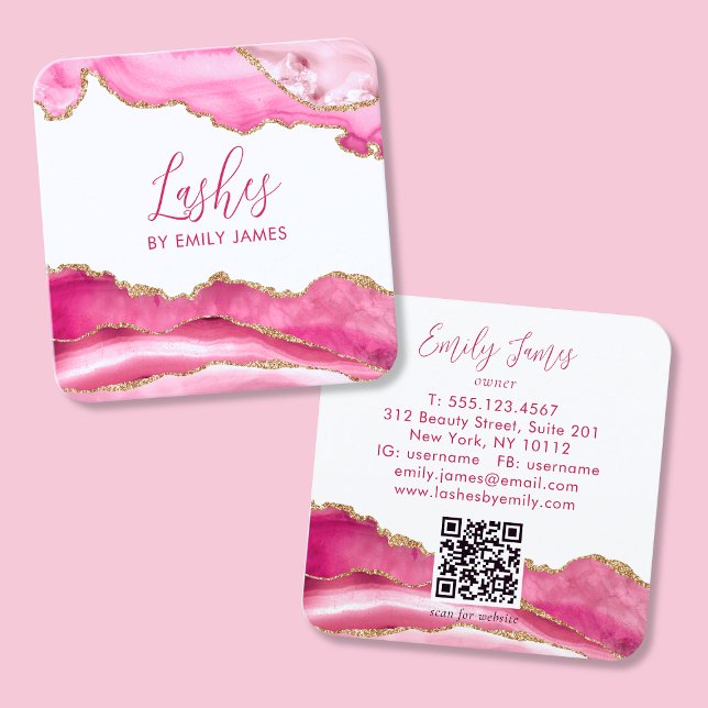 Trendy Modern Pink Script Agate QR Code Square Business Card (Creator Uploaded)