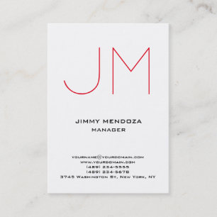 Trendy modern plain simple white red monogram business card