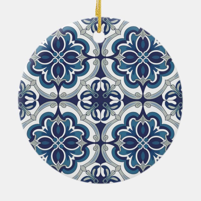 Trendy Modern Portuguese Tiles Azulejos Blue       Ceramic Ornament (Back)