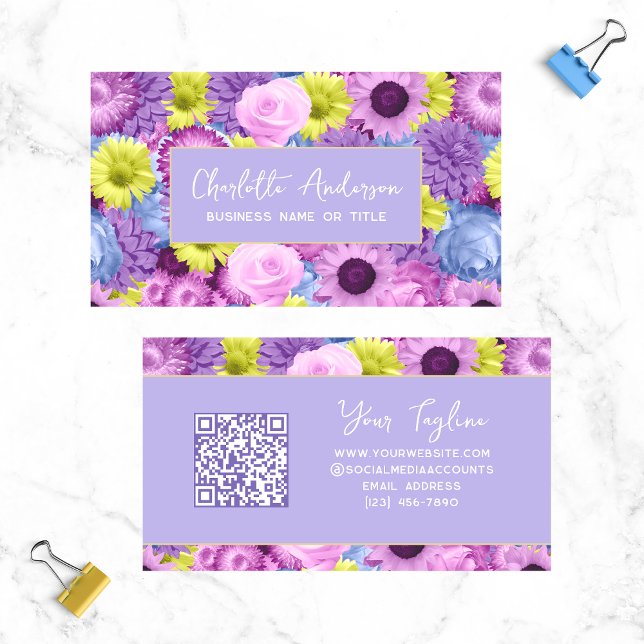 Trendy Modern Purple Floral Botanical QR Code  Business Card (Creator Uploaded)