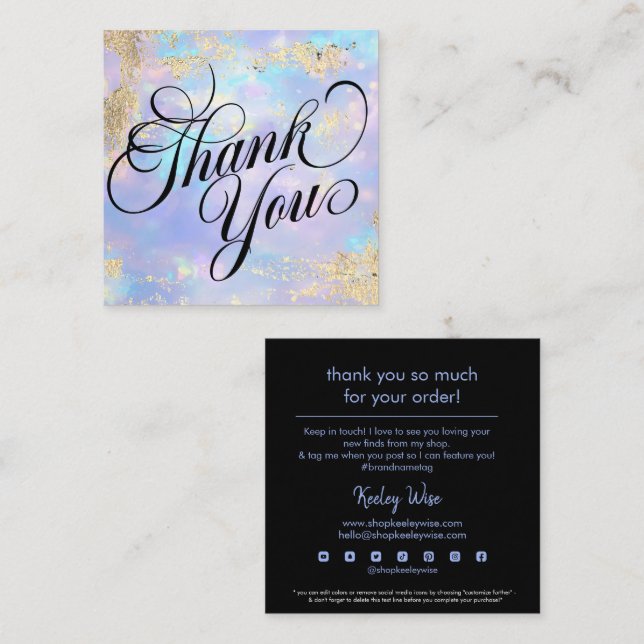 Trendy Modern Purple Opal & Gold Thank You Square Business Card (Front/Back)