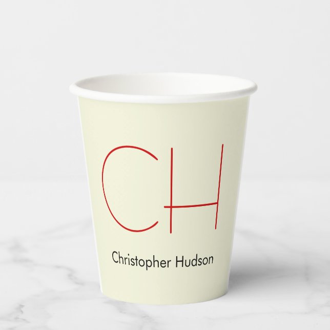 Trendy Modern Red Monogram Beige  Paper Cups (Front)
