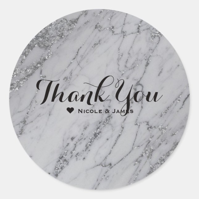 Trendy Modern Silver Glam Marble Elegant Wedding Classic Round Sticker (Front)