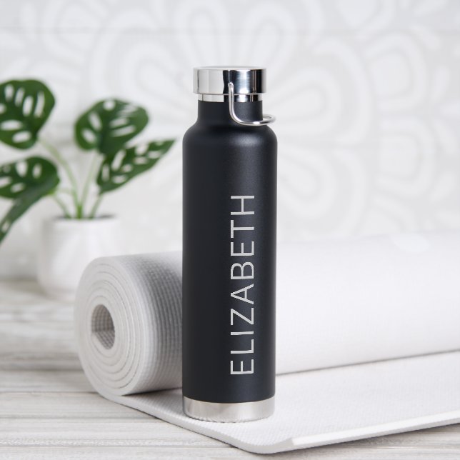 Trendy Modern Simple Personalised Name Black Grey Water Bottle (Yoga)