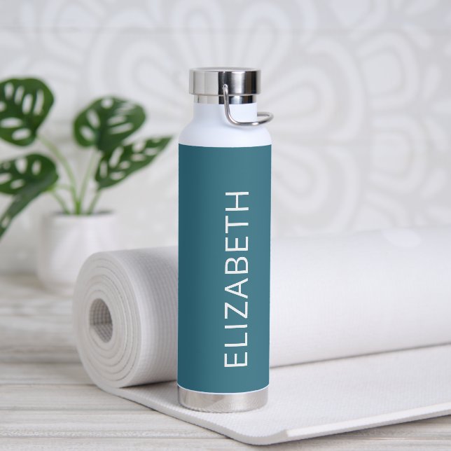 Trendy Modern Simple Personalised Name Teal Blue Water Bottle (Yoga)