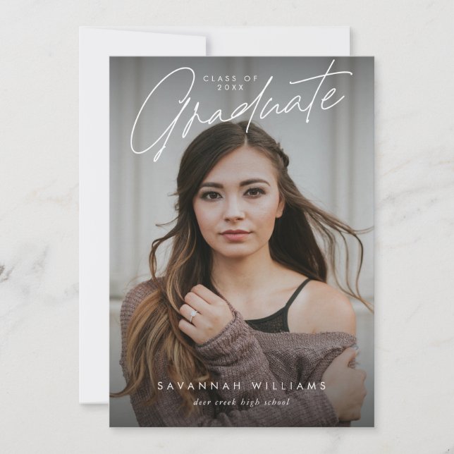 Trendy Modern Simple Script Two Photo Graduation Announcement (Front)