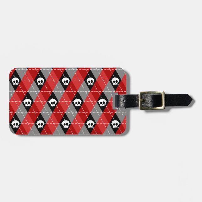 Trendy Modern Skull Argyle Pattern Luggage Tag (Front Horizontal)