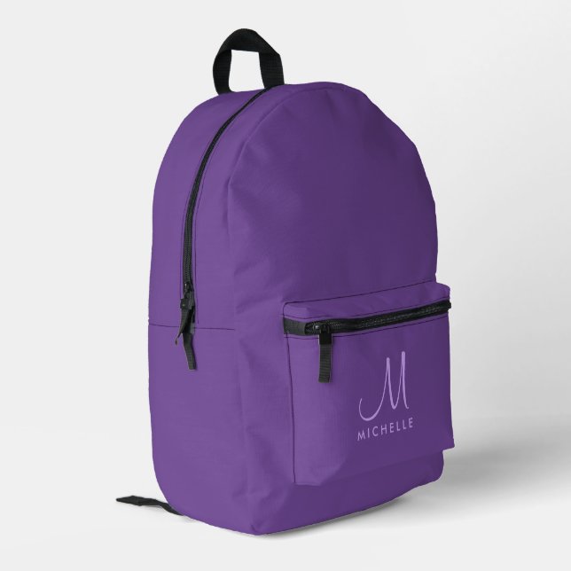Trendy Modern Typography Monogram Name Purple Printed Backpack (Back Corner Left)