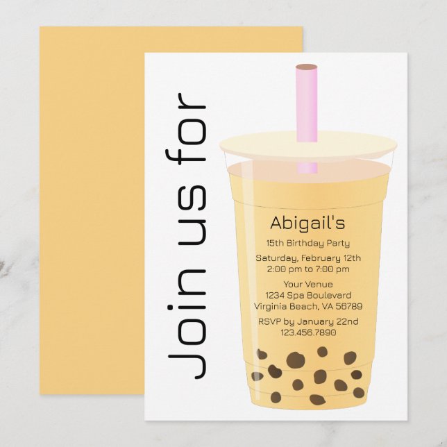Trendy Modern White and Mango Boba Tea Birthday Invitation (Front/Back)