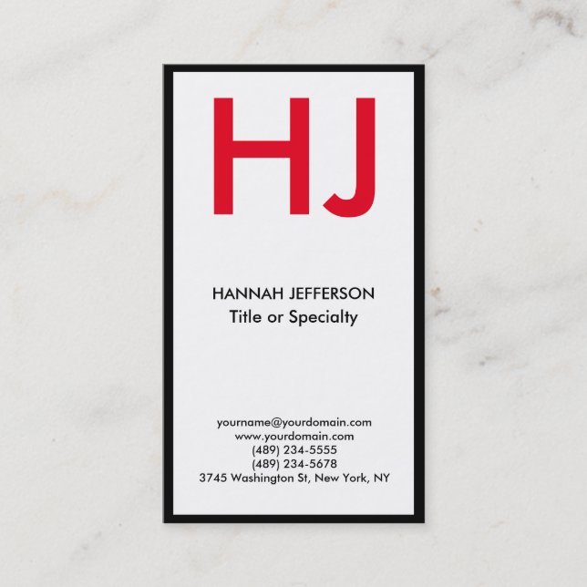 Trendy modern white black border red monogram business card (Front)