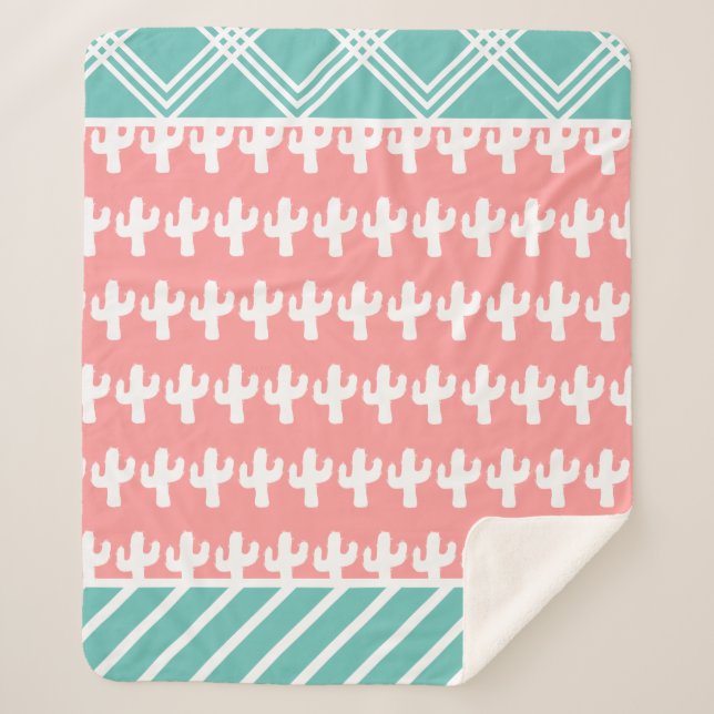 Trendy Modern White Cactus Silhouettes Teal & Pink Sherpa Blanket (Front)
