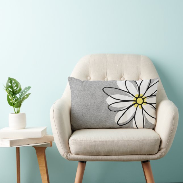Trendy Modern White Doodle Daisy Grey Lumbar Cushion (Chair)