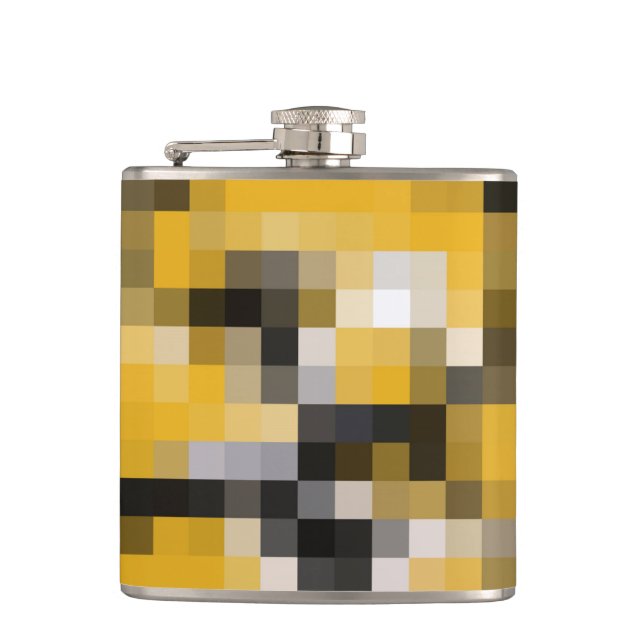 Trendy Modern Yellow Black Mosaic Pattern Hip Flask (Front)