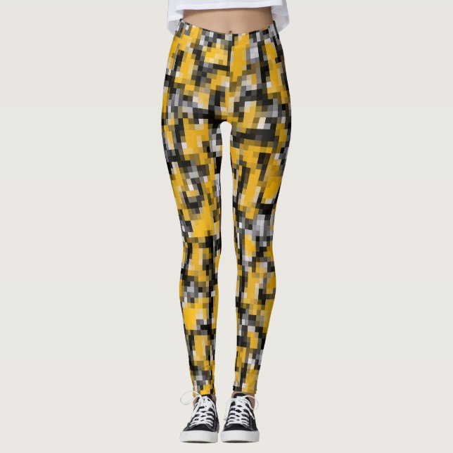 Trendy Modern Yellow Black Mosaic Pattern Leggings (Front)