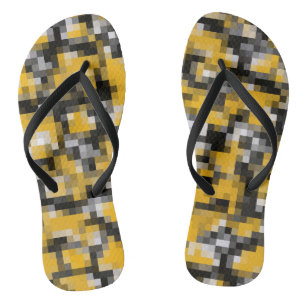 Trendy Modern Yellow Black Mosaic Pattern Thongs