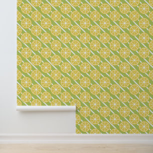 Trendy Modern Yellow Lemon Fruit Slice Green  Wallpaper