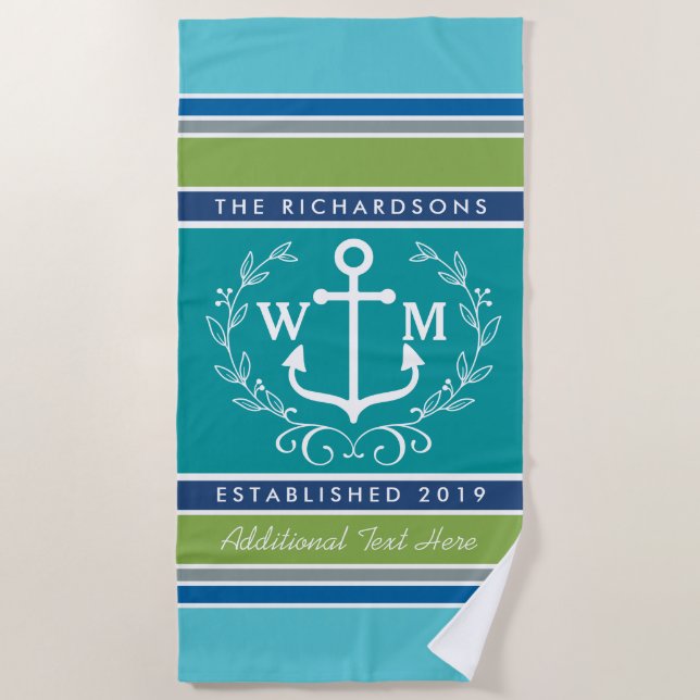 Trendy Monogram Anchor Laurel Wreath Stripes Aqua Beach Towel (Front)