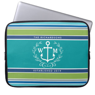Trendy Monogram Anchor Laurel Wreath Stripes Aqua Laptop Sleeve