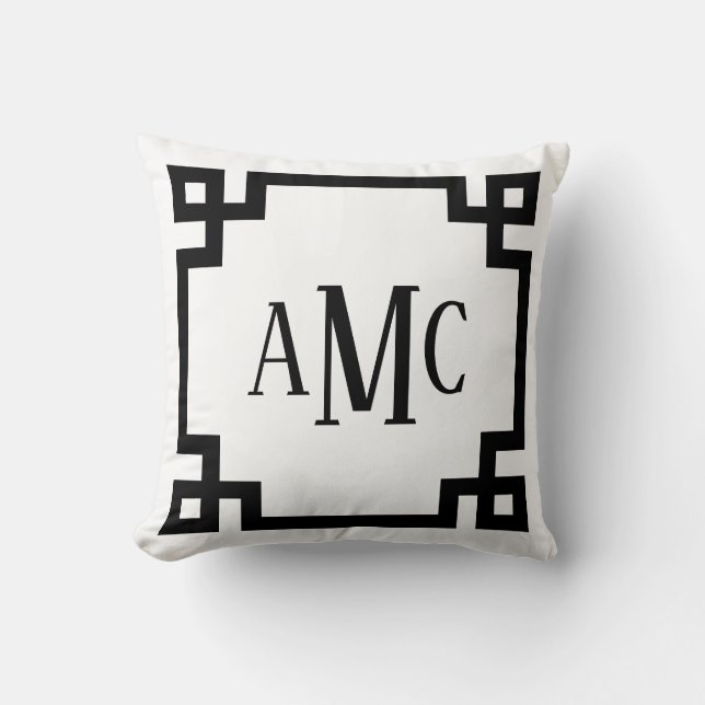 Trendy Monogram Black and White Greek Key Border Cushion (Front)