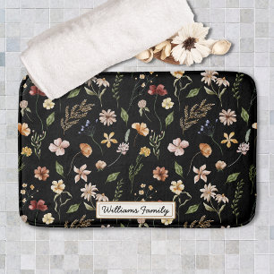 Trendy Monogram Black Watercolor Floral Wildflower Bath Mat