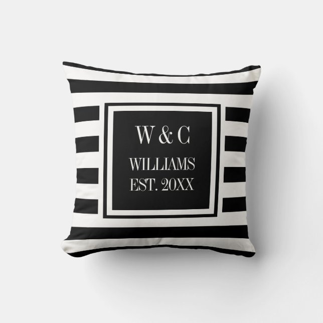 Trendy Monogram Black White Stripe Cushion (Front)