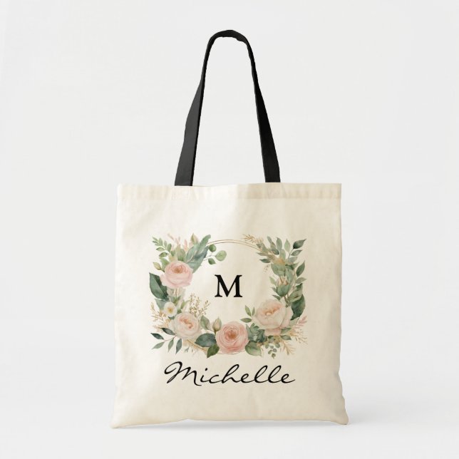 Trendy Monogram Burgundy Floral Wreath Script Name Tote Bag (Front)