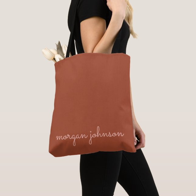 Trendy Monogram | Burnt Orange + Blush Script Name Tote Bag (Close Up)