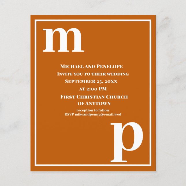 Trendy Monogram Burnt Orange Budget Wedding Invite Flyer (Front)