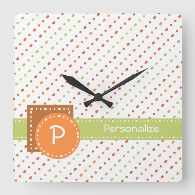 Trendy Monogram Dotted Stripes With Name Square Wall Clock (Front)