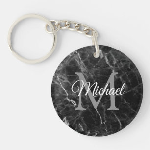 Trendy Monogram Elegant Black Marble Template Key Ring