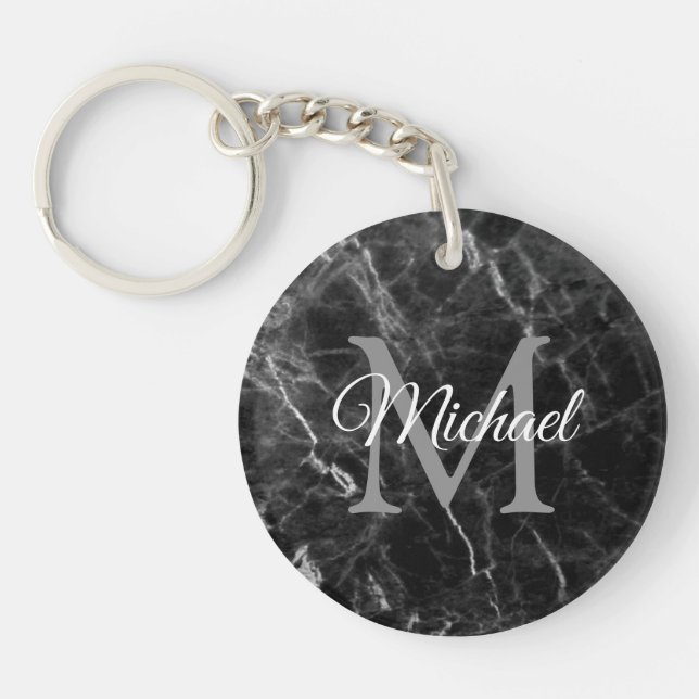 Trendy Monogram Elegant Black Marble Template Key Ring (Front)