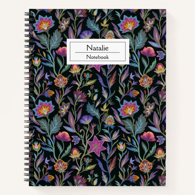 Trendy monogram floral pattern l Black and purple Notebook (Front)