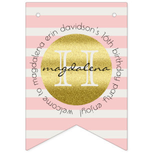 Trendy Monogram Gold Glitter Blush Pink Stripes Bunting